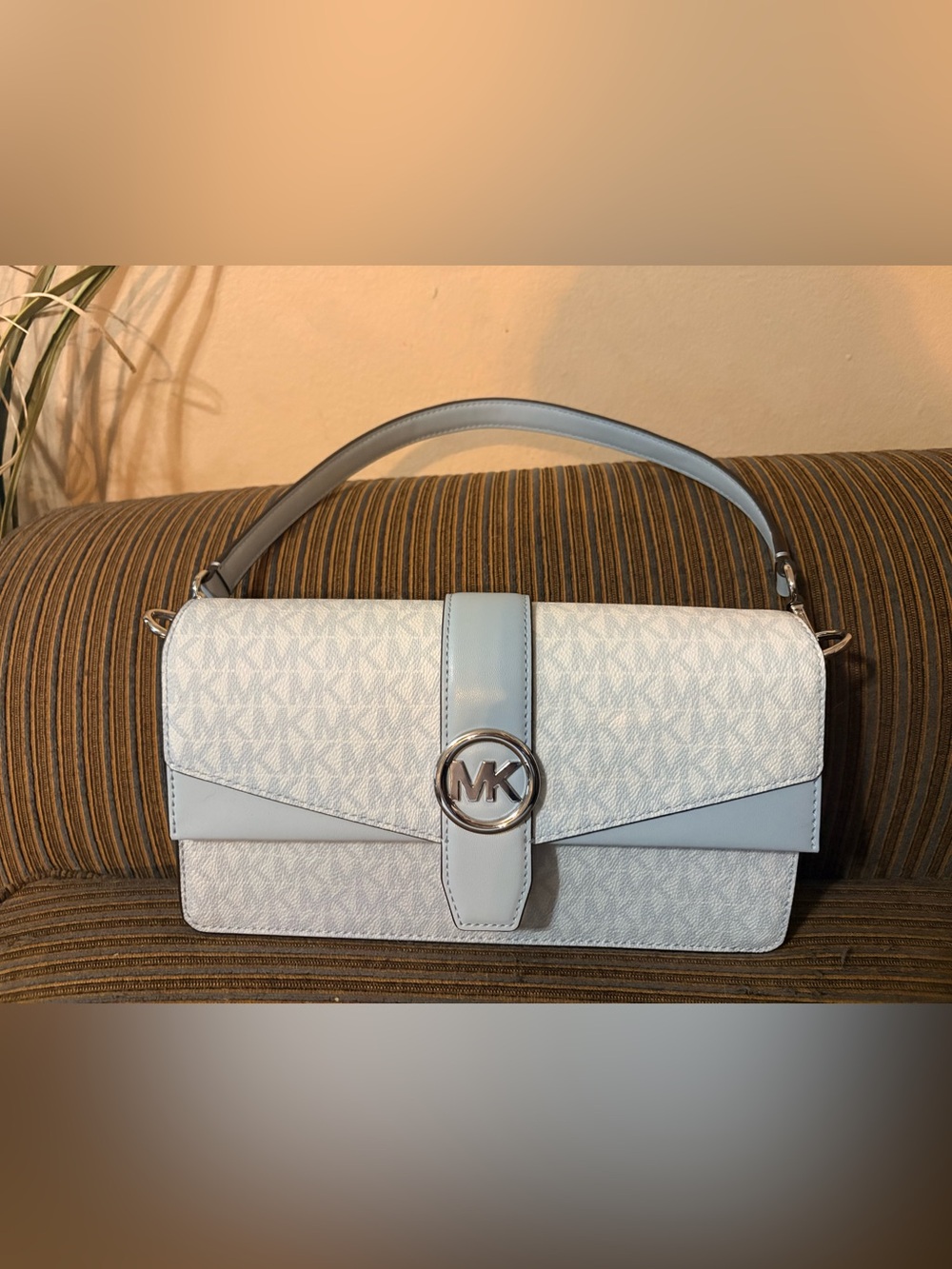 Michael Kors Light Blue & White MK-Logo Shoulder Bag